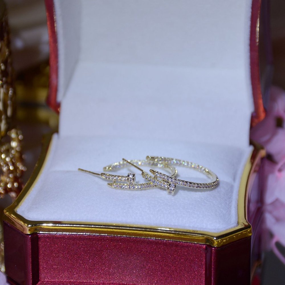 NEW 14K Gold Plated Round Diamond Nail Hoop Earrings - Picture 9 of 11
